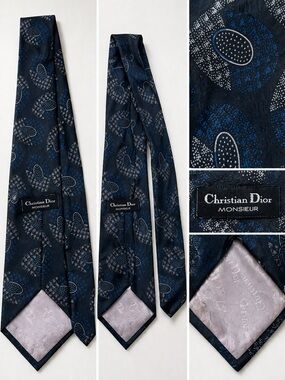 Vintage Christian Dior Monsieur Silk Tie Navy Blue Abstract Pattern